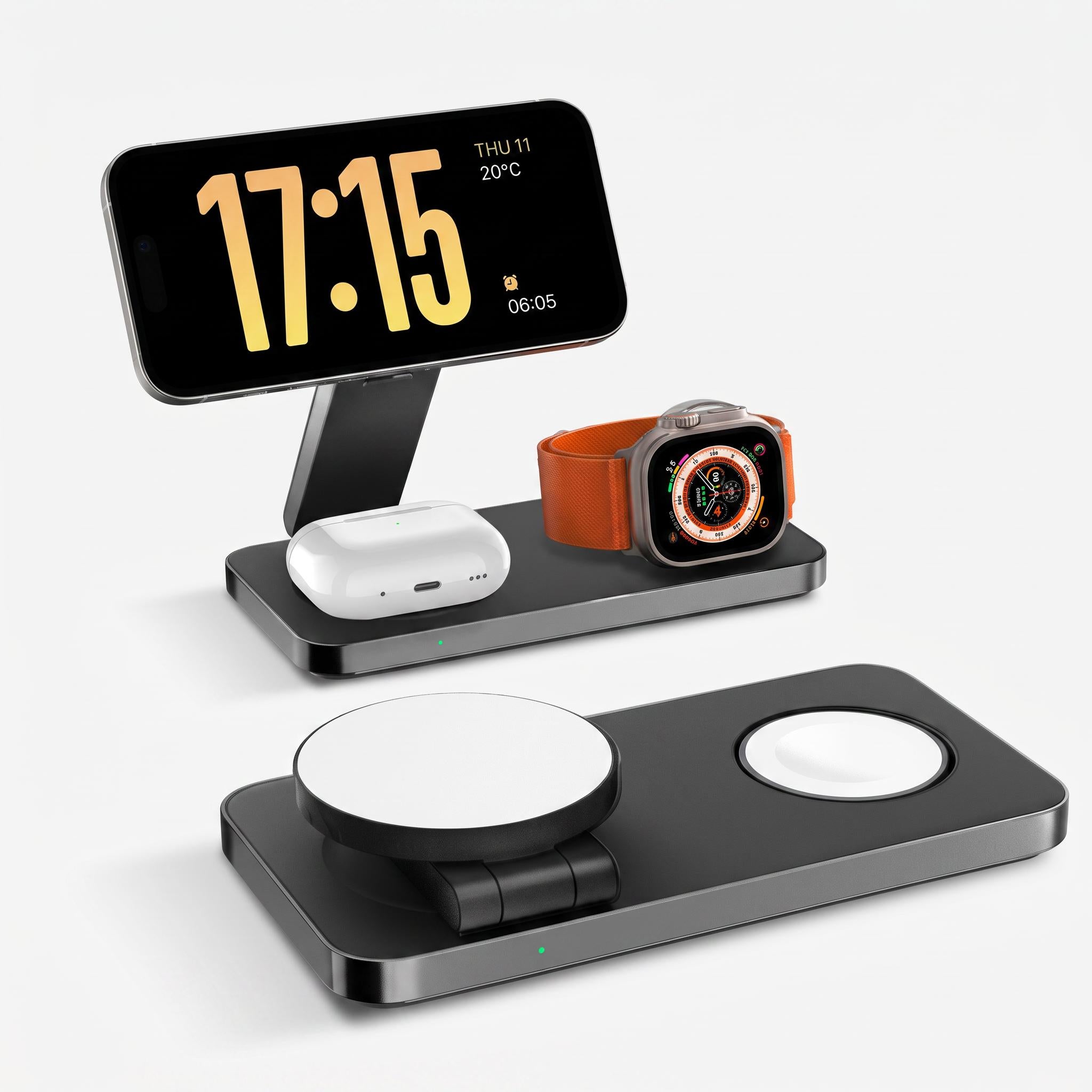 A multi-device wireless charging stand shown in two positions: one elevated with a smartphone, smartwatch, and earbud case on top, and one flat for direct device charging. The devices are displayed on a clean, light gray background.