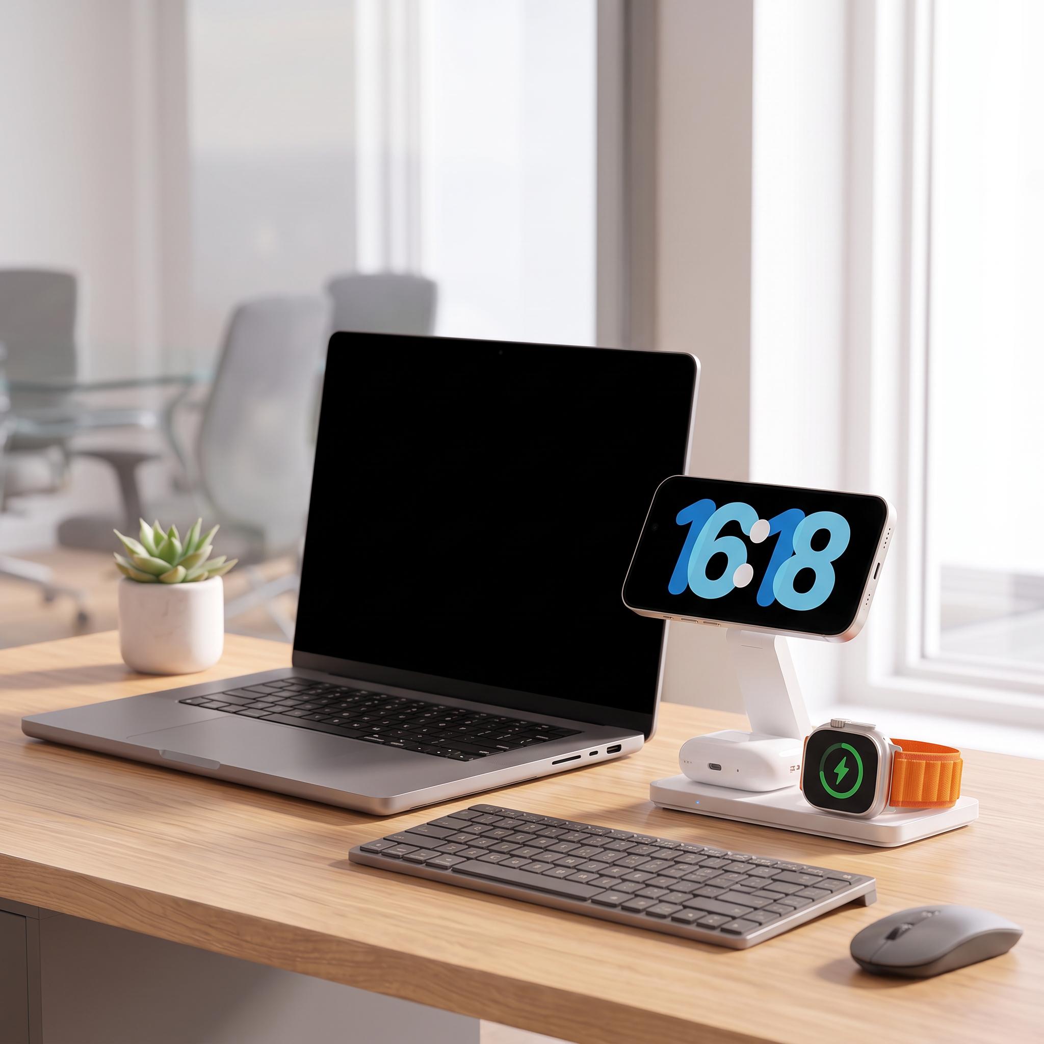 A modern desk setup in a bright office-like room, featuring a silver laptop, wireless keyboard, mouse, a smartphone on a white stand, and a smartwatch charging pad. The background is softly blurred with windows and office furniture.