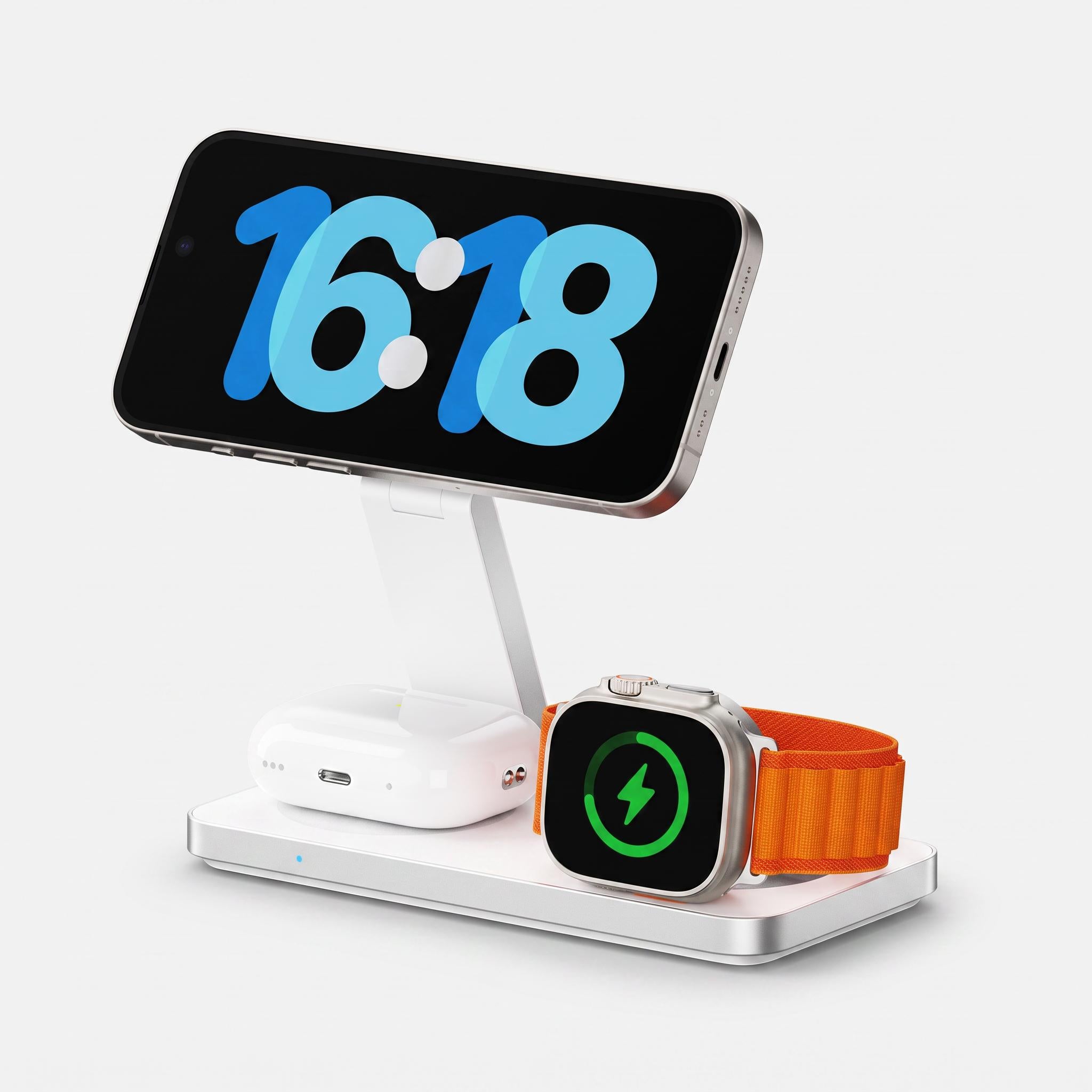 White 3-in-1 charging stand with phone, watch and earbuds charging together