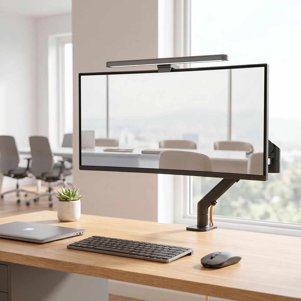 Monitor arm, light bar and wireless mouse bundle on desk