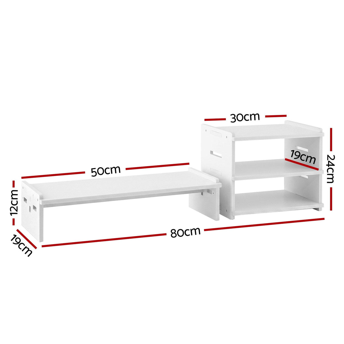 White monitor stand with 3-tier desk organiser holding office supplies