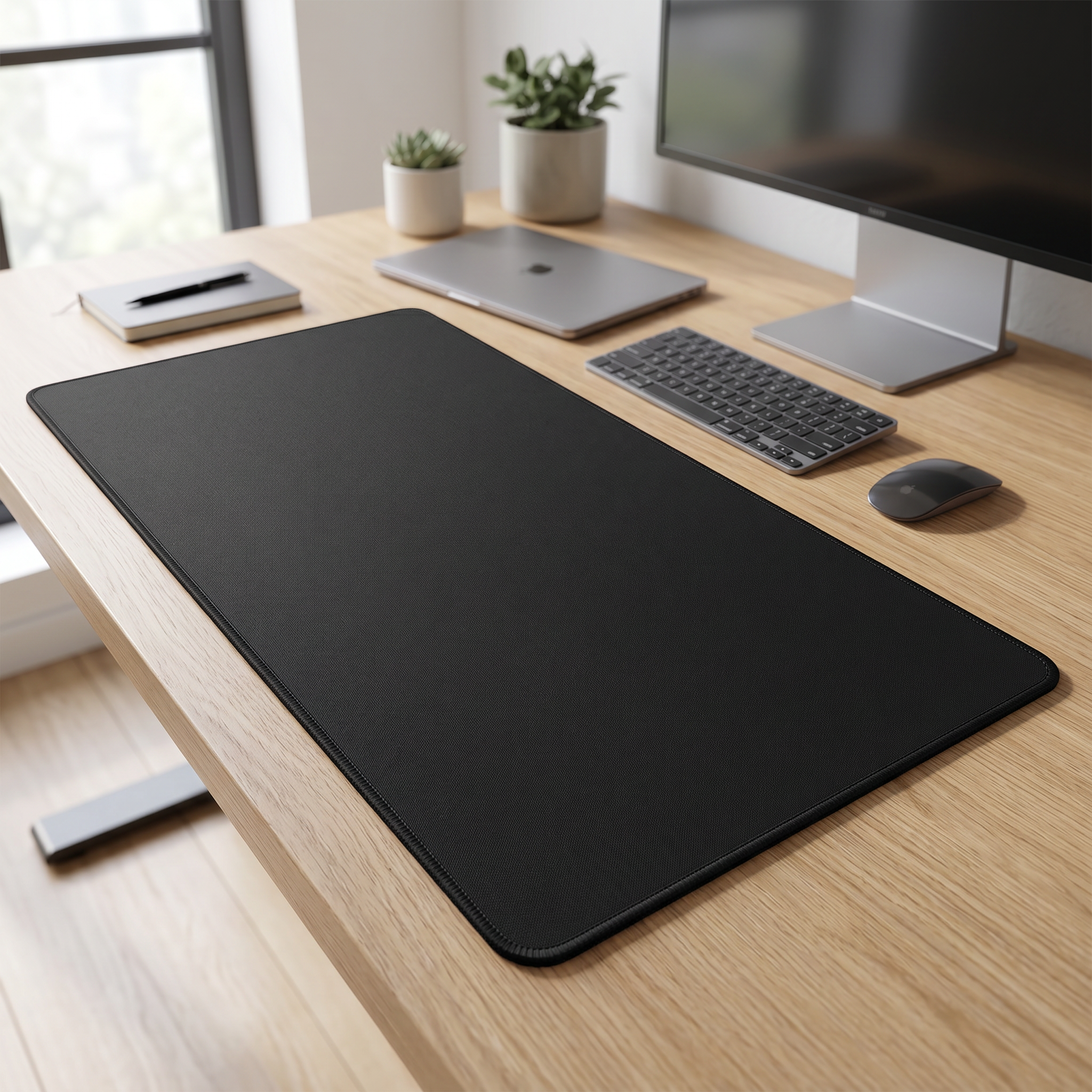 Black extended desk mat covering full wood desk surface with keyboard and mouse