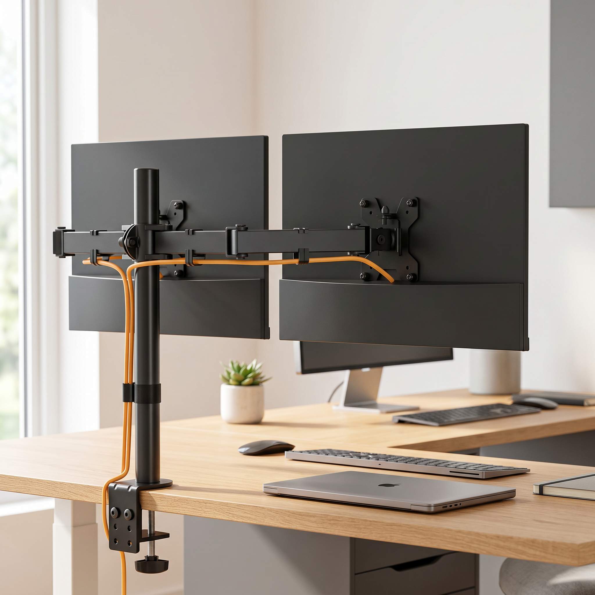 Dual monitor arm holding two monitors above desk