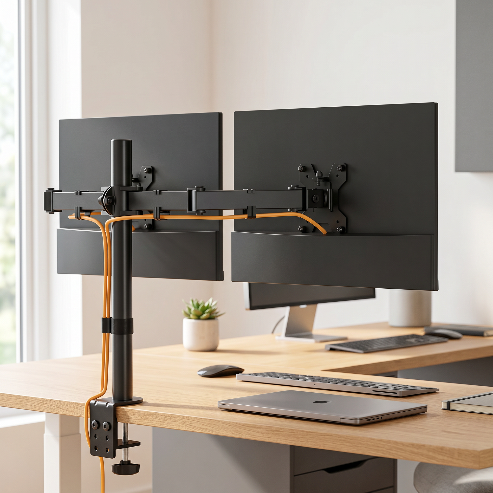 Dual monitor arm holding screen above clear wood desk in minimal home office