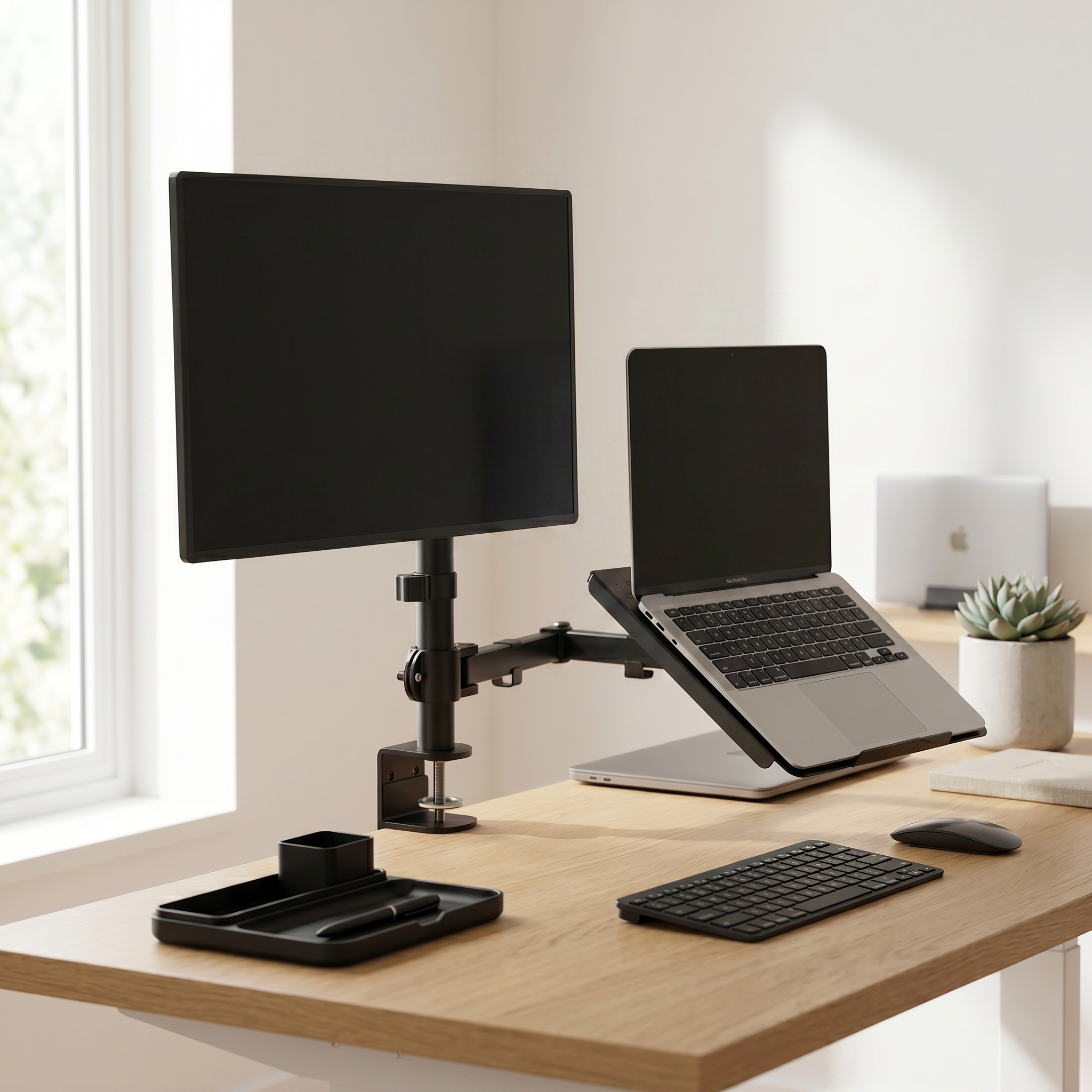 Modern office setup with a monitor, laptop, keyboard, and mouse on a wooden desk.