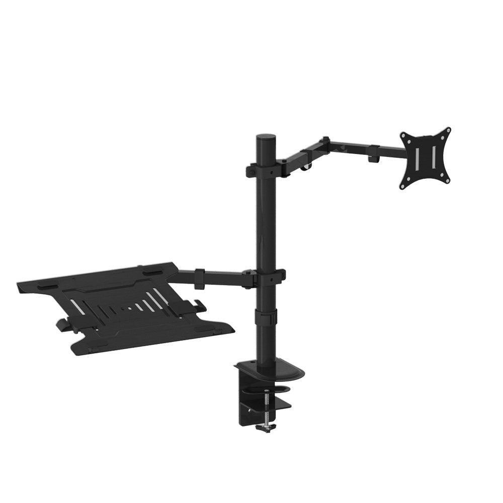 Monitor arm with laptop tray holding laptop beside mounted monitor