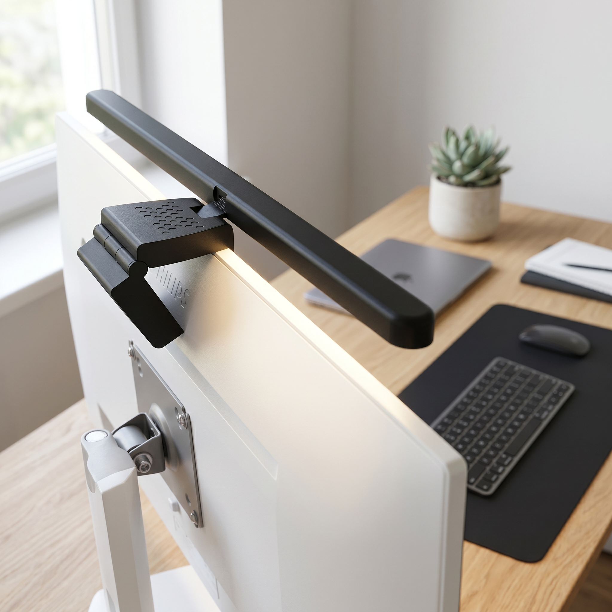 Monitor light bar mounted on top of monitor on wood desk illuminating workspace