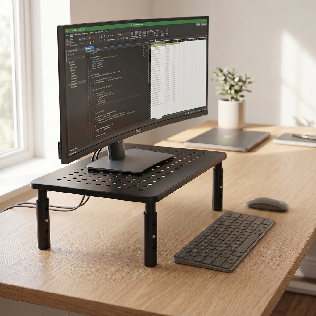 Laptop riser stand on wood desk with laptop raised to eye level and keyboard underneath
