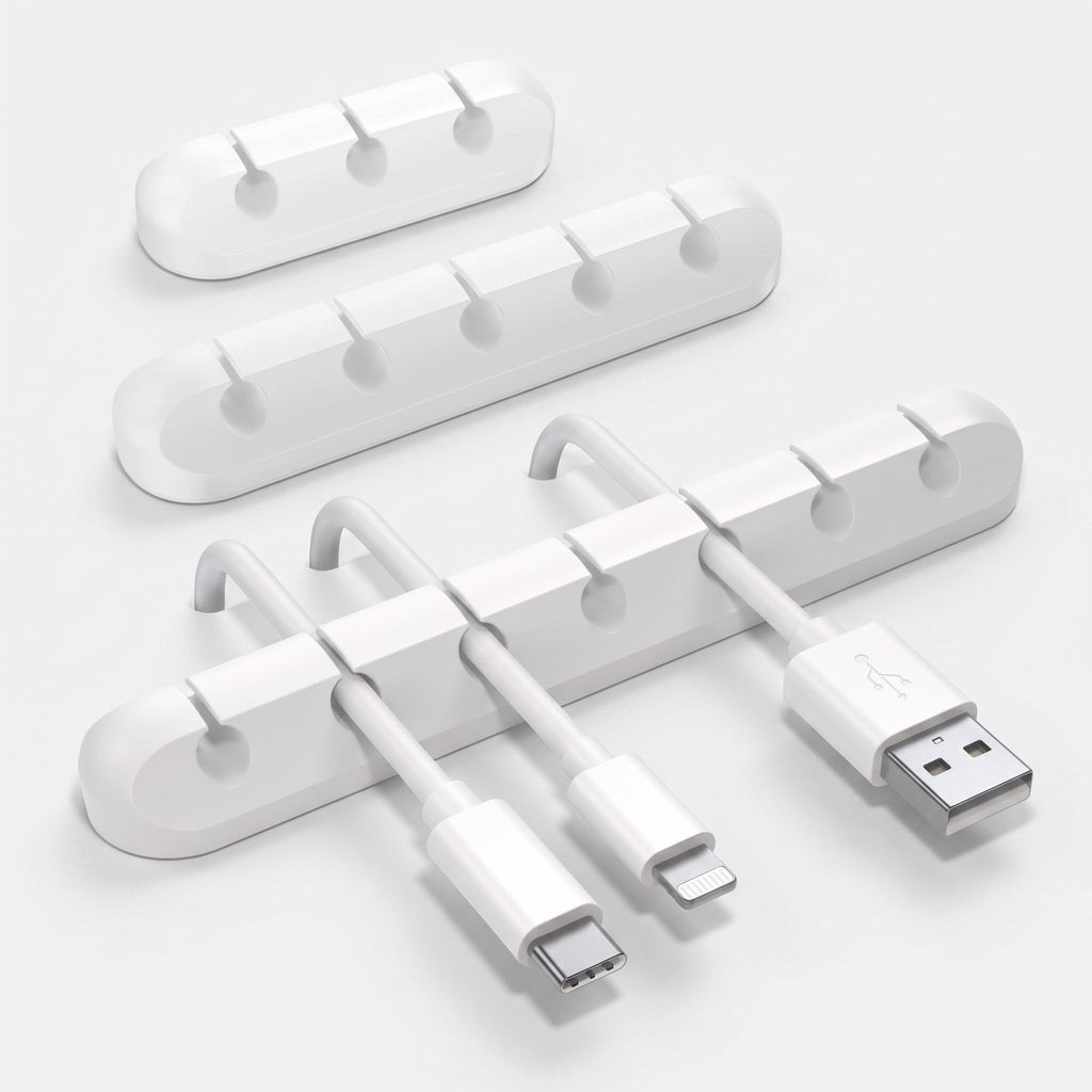 White cable clips organising cables under desk edge
