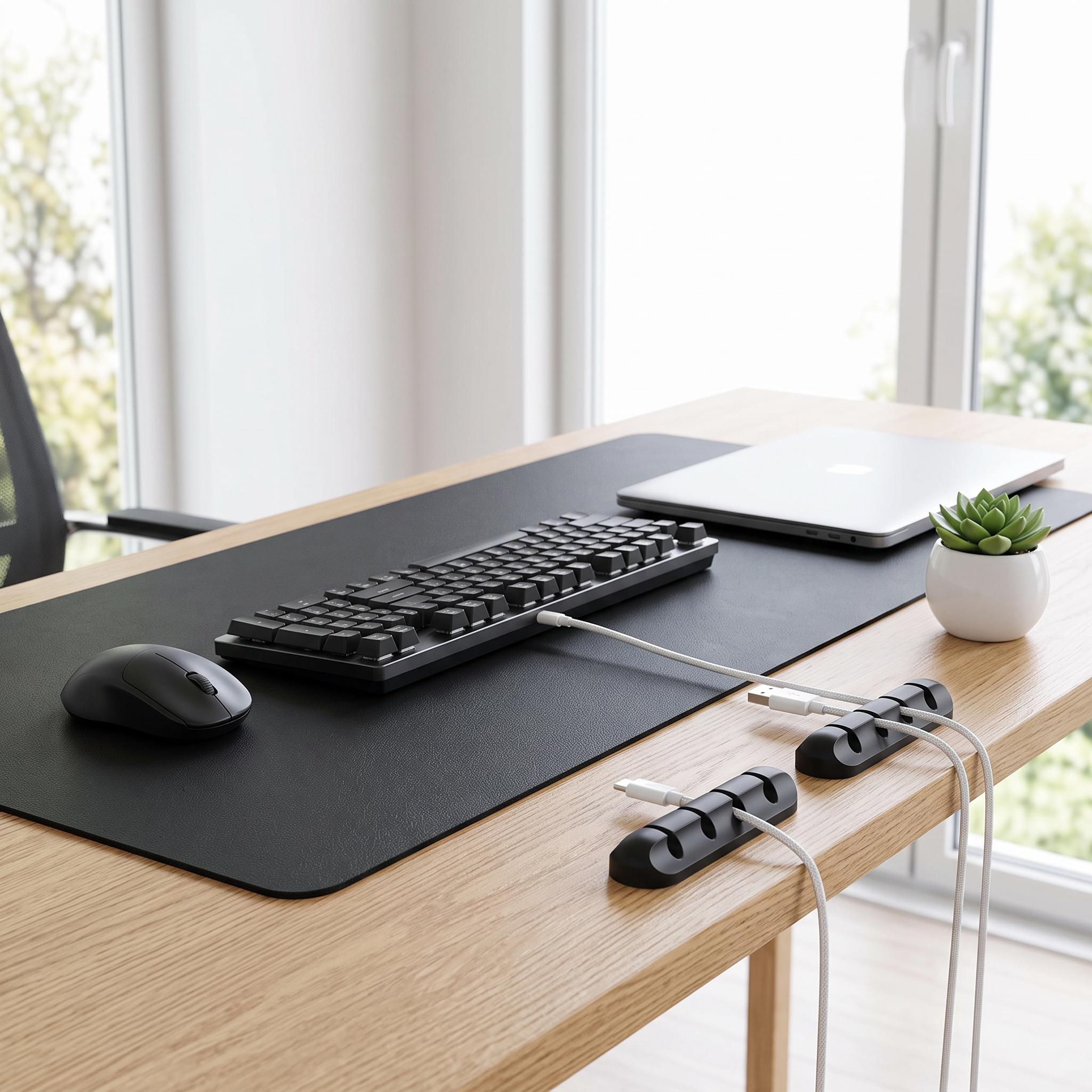 Desk mat and cable clip organiser bundle on desk