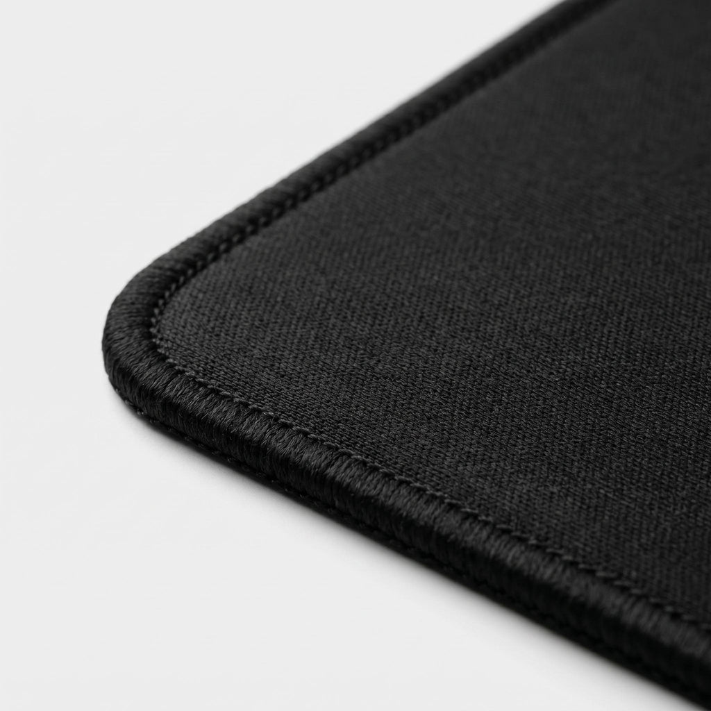 Close-up of stitched edge on extended desk mat showing premium finish