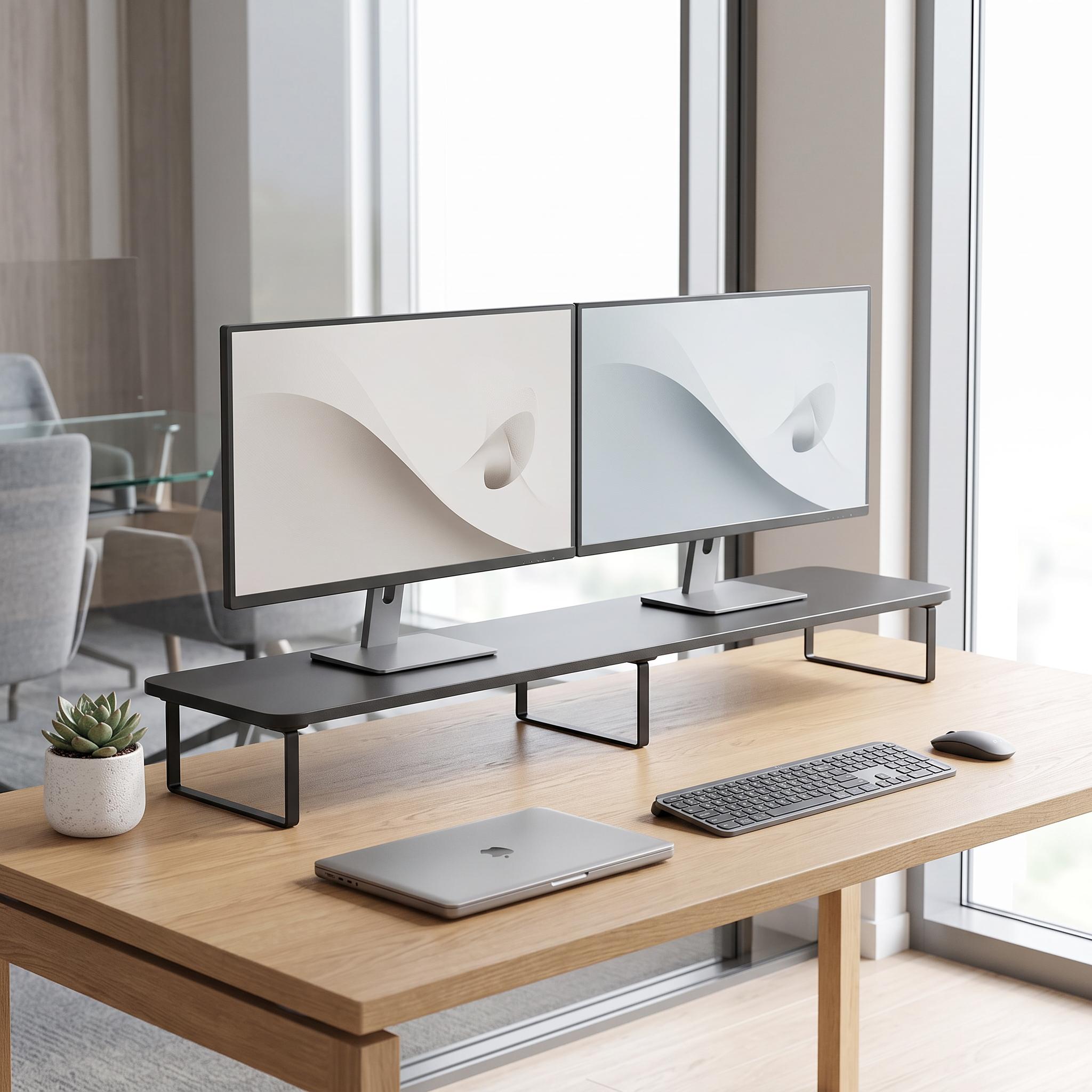 Dual monitor stand with two monitors elevated on desk