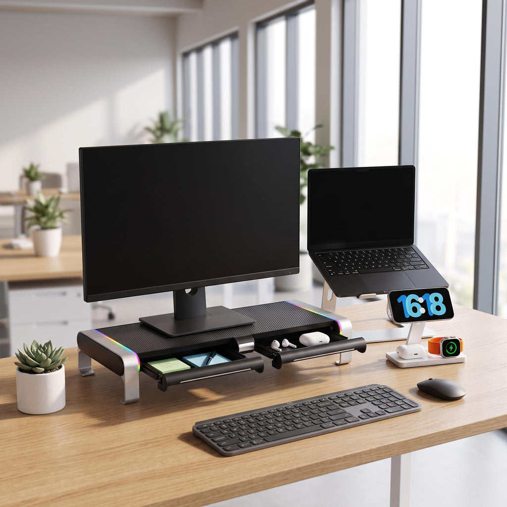 Laptop stand and charging stand bundle on desk