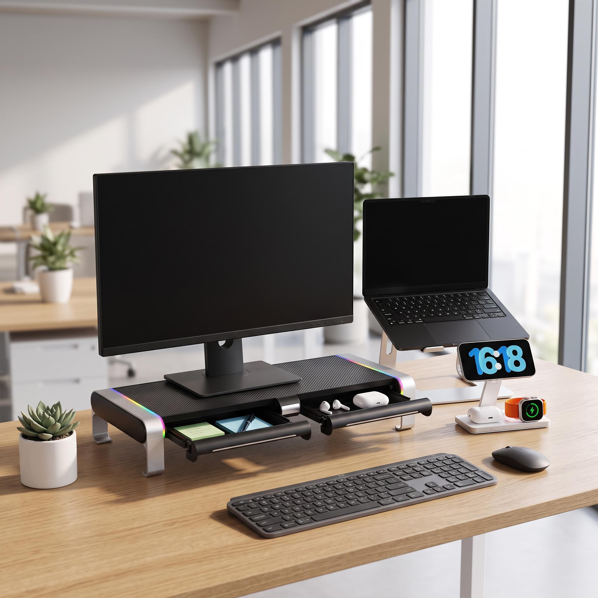 Laptop stand and charging stand bundle on desk