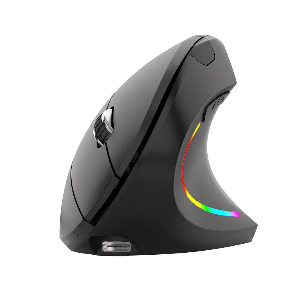 A black ergonomic wireless gaming mouse with a curved right-hand shape, featuring a silver scroll wheel, a USB-C port, and a glowing RGB rainbow light strip on the side, shown against a solid white background.