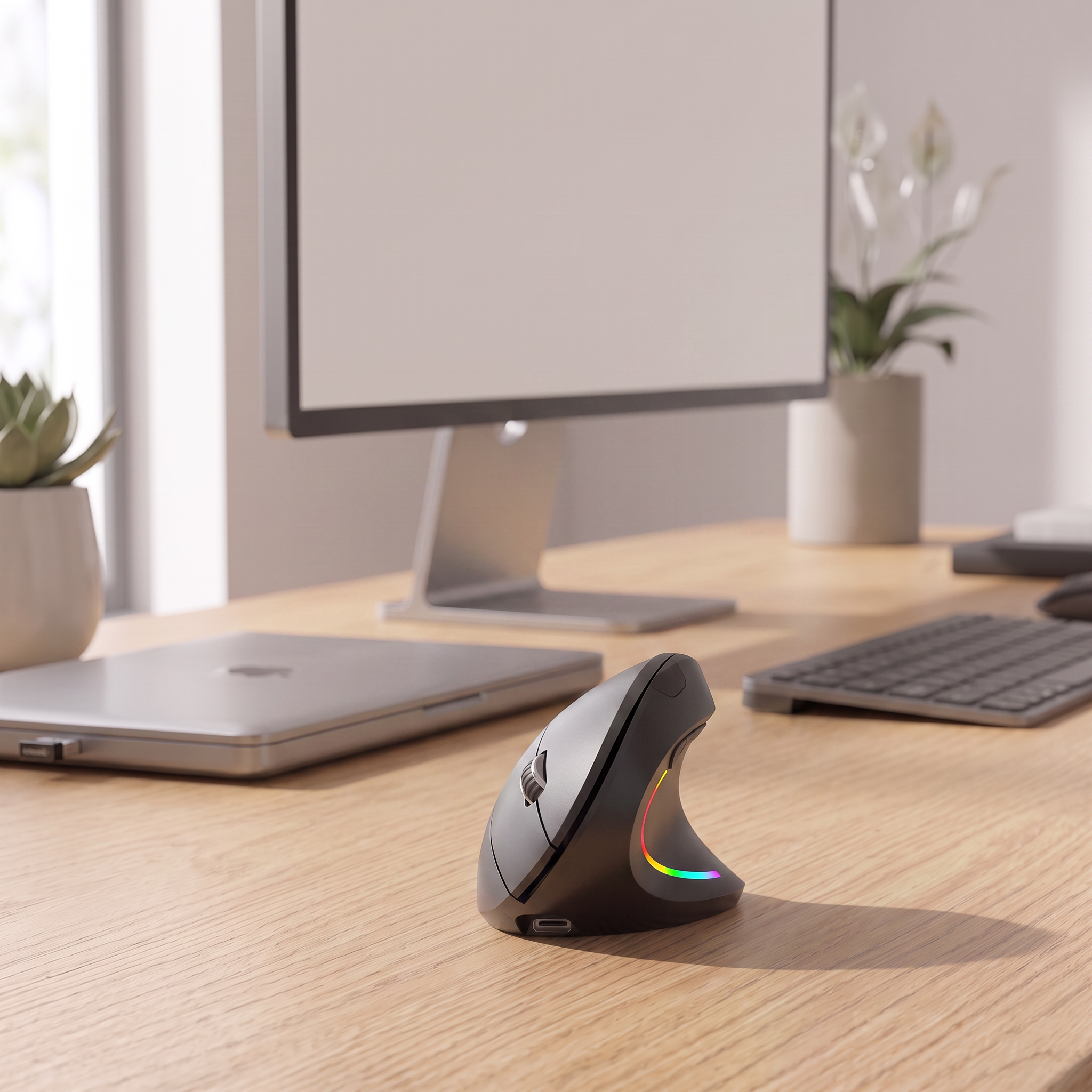 Black ergonomic vertical mouse on desk beside keyboard