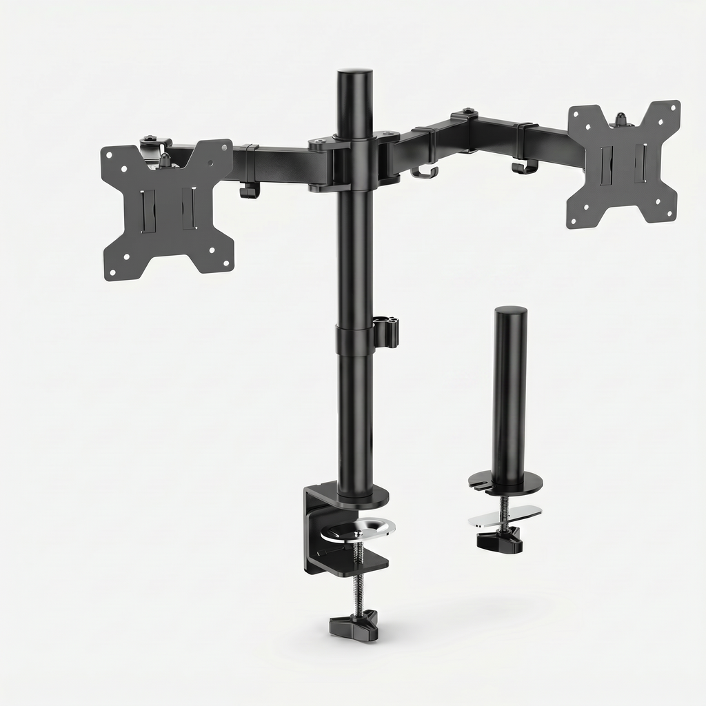 Articulating dual monitor arm in black on grey studio background