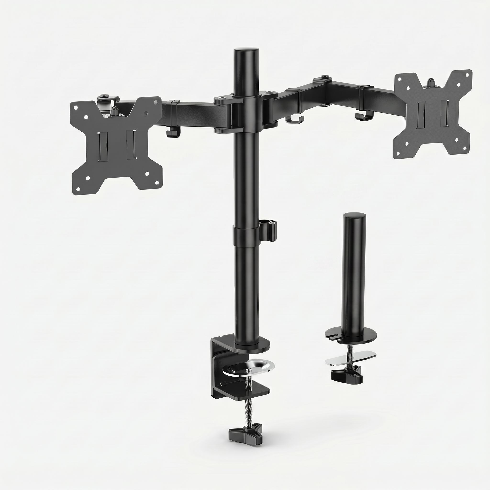 Articulating dual monitor arm in black on grey studio background