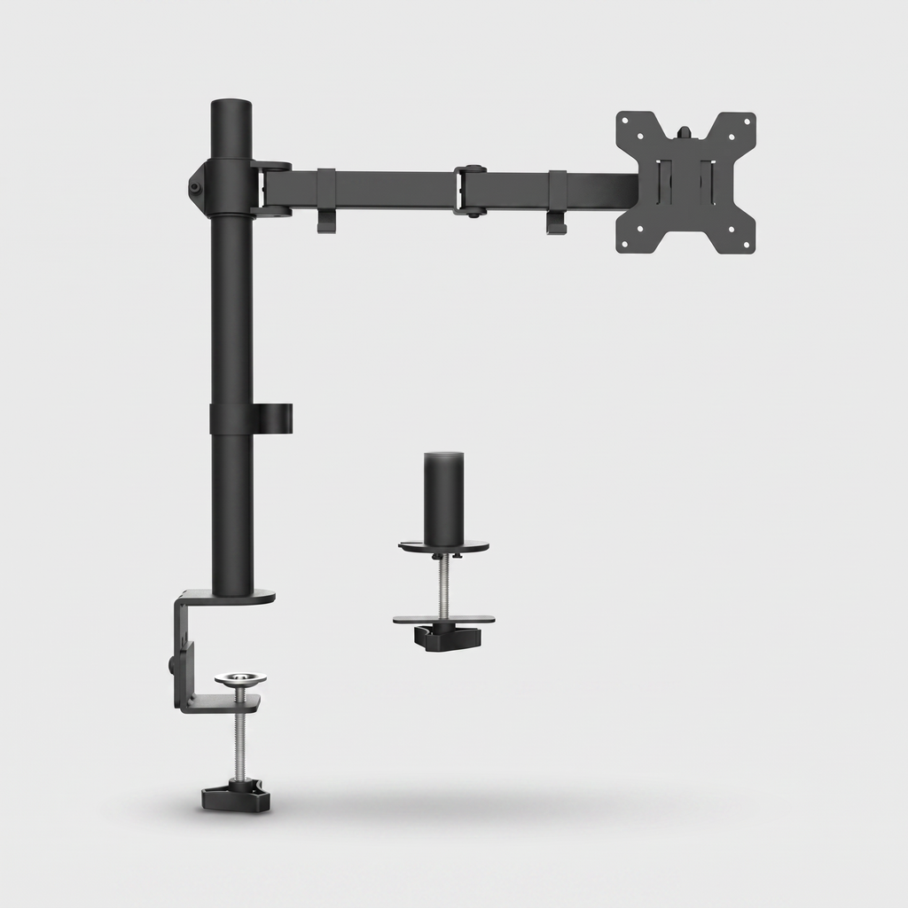 Articulating single monitor arm in black on grey studio background