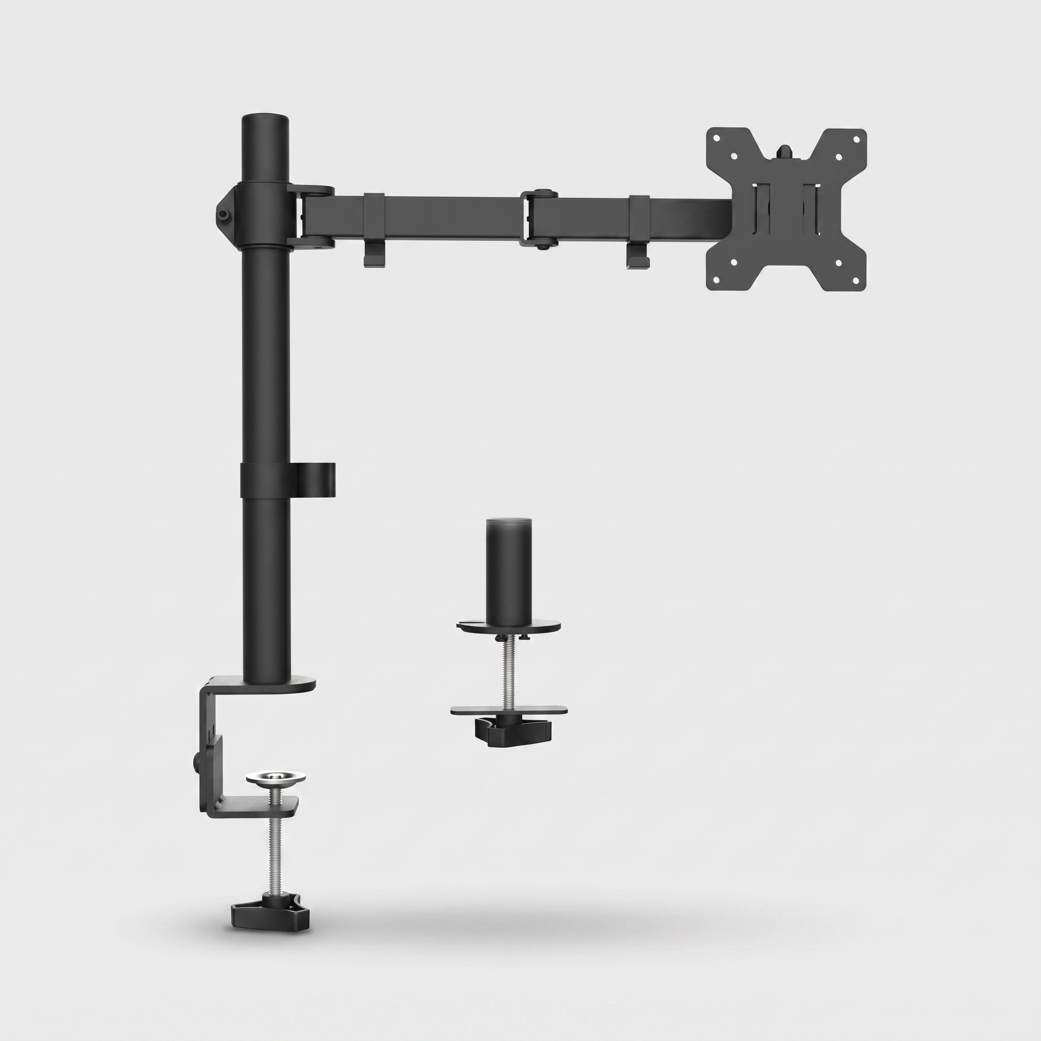 Articulating single monitor arm in black on grey studio background