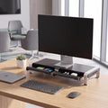 Black monitor stand with USB hub and RGB lighting on desk