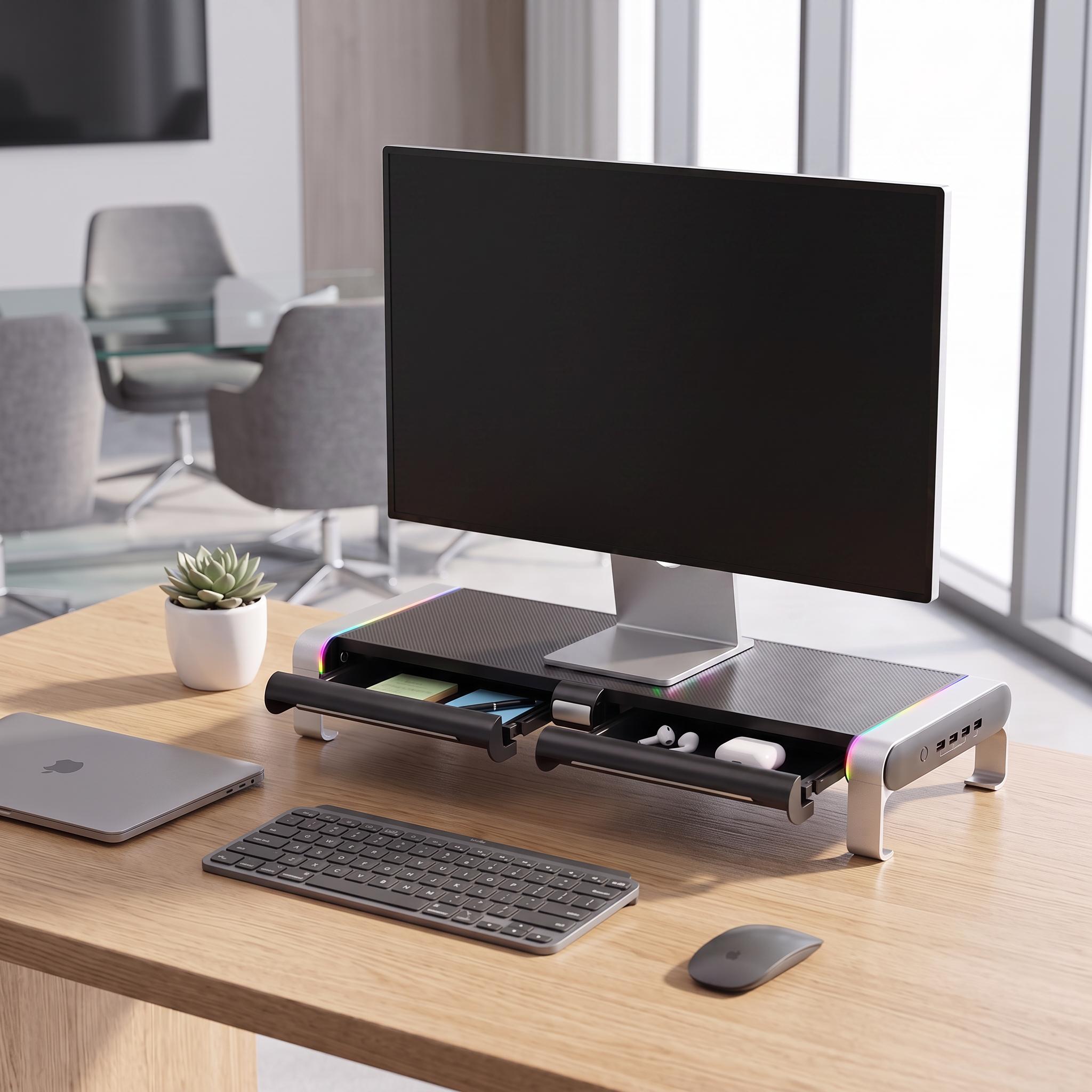 Black monitor stand with USB hub and RGB lighting on desk