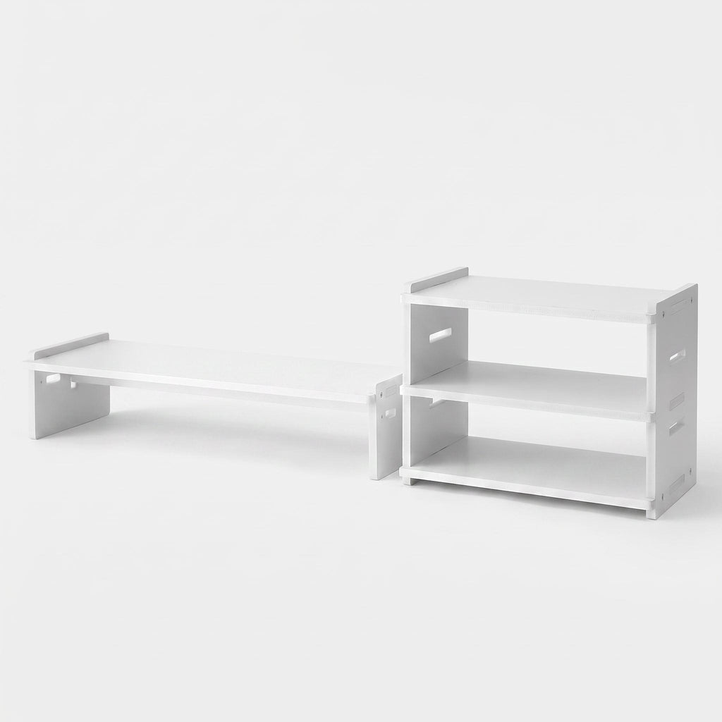 White monitor stand with 3-tier desk organiser holding office supplies