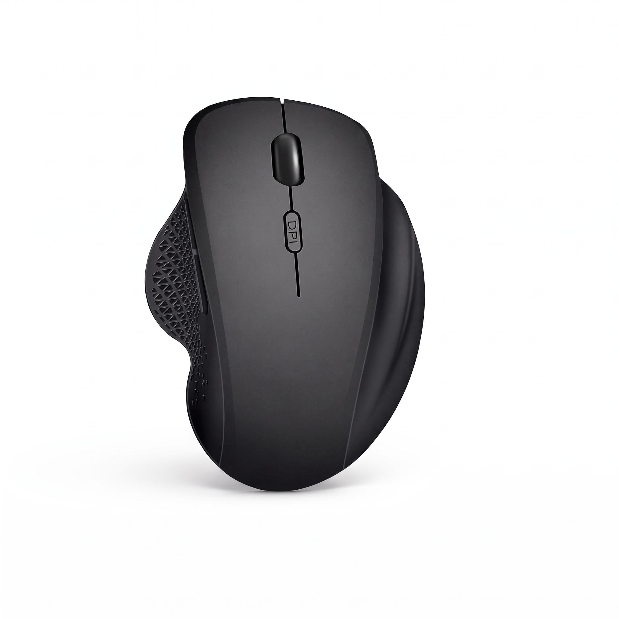 Black wireless mouse resting beside keyboard on desk mat
