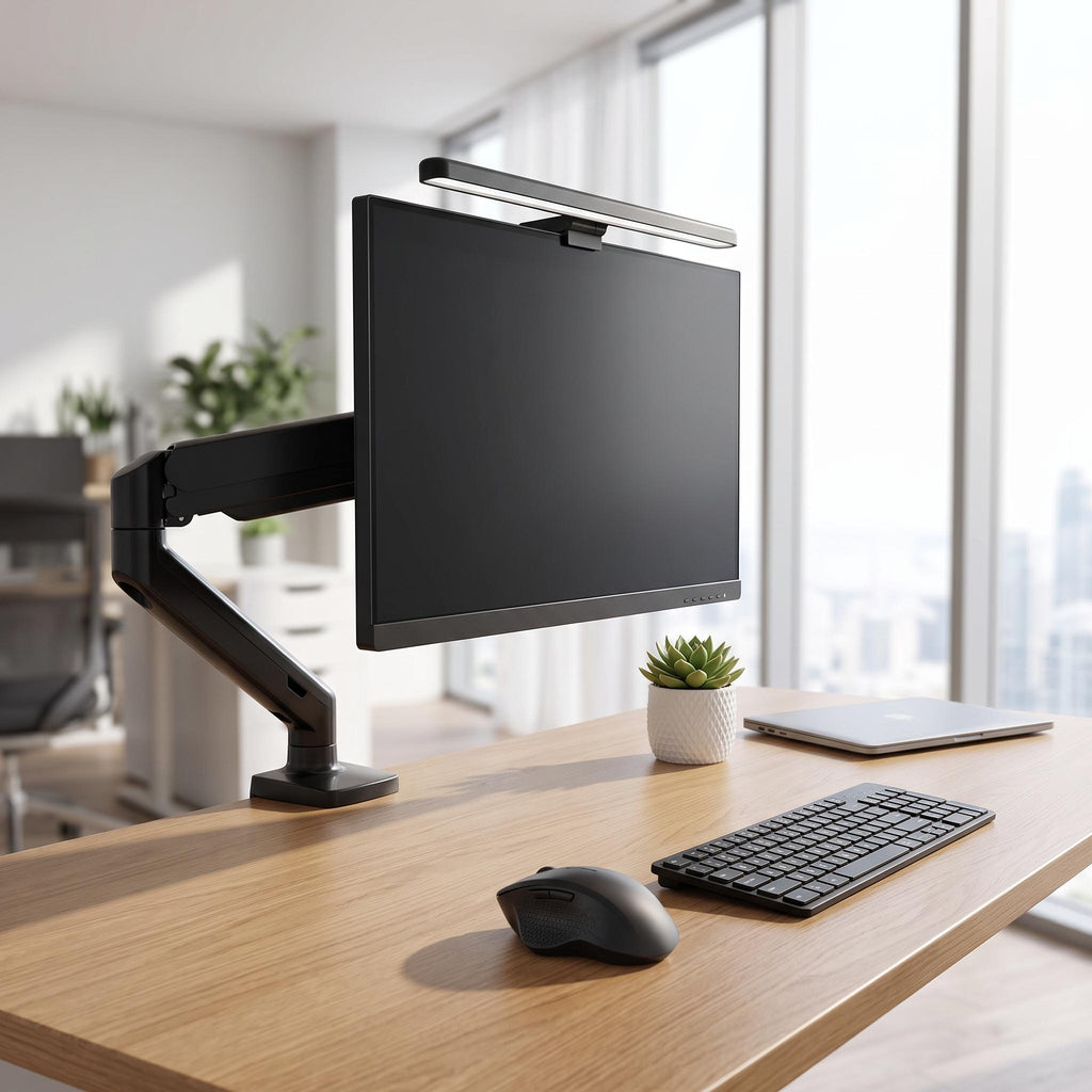 Monitor arm, light bar and wireless mouse bundle on desk