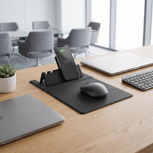 Wireless charging mouse pad with phone charging on desk